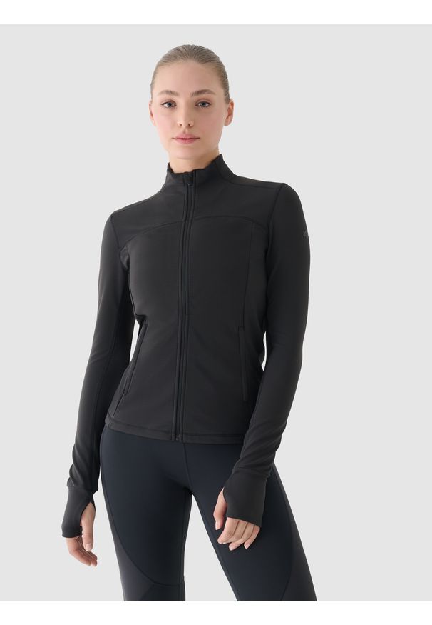 4f - 4F Bluza treningowa slim szybkoschnąca damska - szara XL. Typ kołnierza: bez kaptura, kołnierzyk stójkowy. Kolor: szary. Materiał: włókno, elastan, dzianina, prążkowany, materiał, syntetyk. Wzór: jednolity, prążki. Styl: sportowy. Sport: fitness
