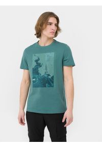 4f - T-shirt regular z bawełny organicznej męski. Kolor: zielony. Materiał: bawełna. Wzór: nadruk