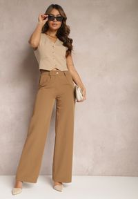 Renee - Jasnobrązowe Szerokie Spodnie High Waist z Gumką w Pasie Eternel. Okazja: na spotkanie biznesowe. Stan: podwyższony. Kolor: brązowy. Materiał: jedwab. Styl: biznesowy, elegancki #5