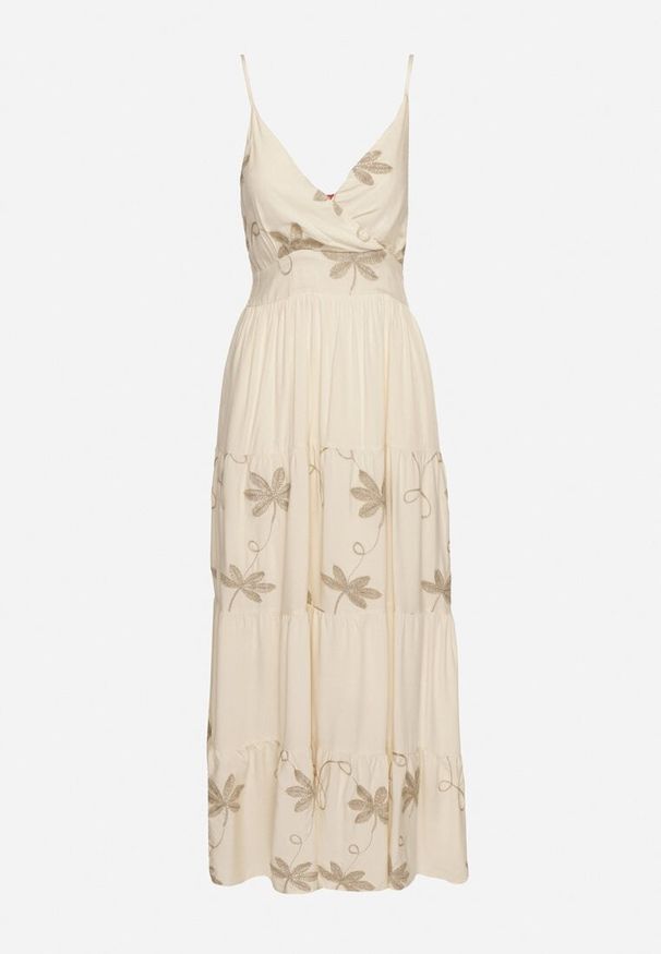 Born2be - Jasnobeżowa Sukienka Wiskozowa na Ramiączkach Ozdobiona Haftem Telanelis. Typ kołnierza: dekolt w kształcie V. Kolor: beżowy. Materiał: wiskoza. Długość rękawa: na ramiączkach. Wzór: haft, aplikacja