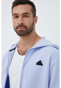 Adidas - adidas bluza męska kolor niebieski z kapturem z nadrukiem. Typ kołnierza: kaptur. Kolor: niebieski. Wzór: nadruk #2