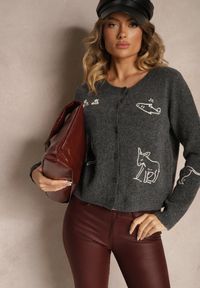 Renee - Szary Kardigan z Wełną na Guziki z Haftowanym Wzorem Nelyra. Okazja: na co dzień. Kolor: szary. Materiał: wełna. Wzór: haft. Styl: elegancki, casual