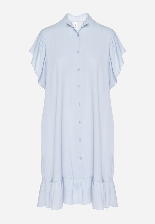 Born2be - Jasnoniebieska Sukienka Koszulowa z Guzikami i Falbankami Tenalena. Okazja: na co dzień. Typ kołnierza: kołnierz z falbankami. Kolor: niebieski. Typ sukienki: koszulowe. Styl: elegancki, casual, sportowy