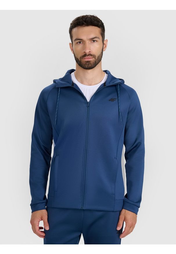 4f - 4F Bluza treningowa regular szybkoschnąca męska - niebieska XL. Okazja: na co dzień. Typ kołnierza: kaptur. Kolor: niebieski. Materiał: dzianina, elastan, włókno, syntetyk, materiał. Długość rękawa: raglanowy rękaw. Wzór: gładki, ze splotem. Styl: casual, sportowy