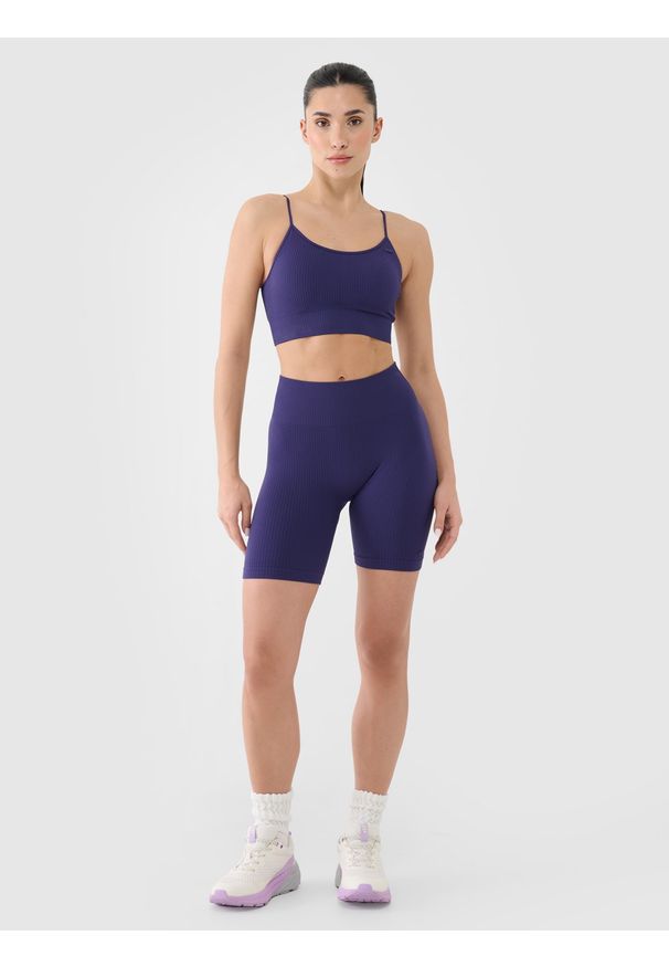 4f - 4F Legginsy kolarki bezszwowe treningowe damskie - granatowe M/L. Stan: podwyższony. Kolor: niebieski. Materiał: dzianina, materiał, syntetyk, włókno, elastan. Długość: krótkie. Wzór: jednolity. Sport: fitness