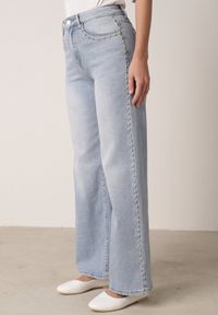 Born2be - Niebieskie Szerokie Jeansy Wysoki Stan z Bawełną Ozdobione Nitami Basithoe. Okazja: na co dzień. Stan: podwyższony. Kolor: niebieski. Wzór: aplikacja. Styl: casual, elegancki, klasyczny #8