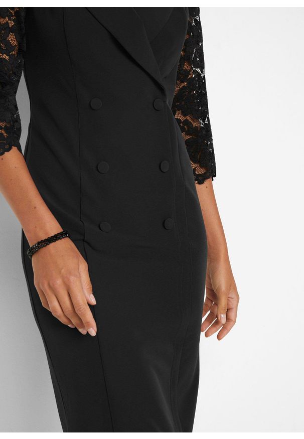 bonprix - Sukienka żakietowa z rękawami koronkowymi. Kolor: czarny. Materiał: koronka. Styl: elegancki
