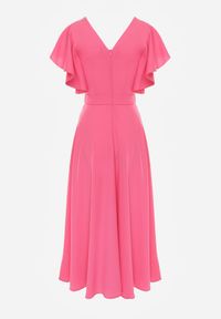 Born2be - Fuksjowa Rozkloszowana Sukienka Zdobiona Falbanami Emilienne. Okazja: na randkę, na spacer. Kolor: różowy. Materiał: tkanina, jeans. Wzór: aplikacja, gładki, jednolity. Typ sukienki: rozkloszowane. Styl: elegancki, klasyczny, wizytowy. Długość: maxi #5