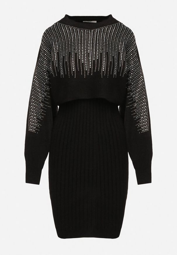 Born2be - Czarny Wiskozowy Komplet Prążkowana Dopasowana Spódnica i Sweter z Cyrkoniami Emalara. Kolor: czarny. Materiał: wiskoza, prążkowany. Wzór: aplikacja, kolorowy