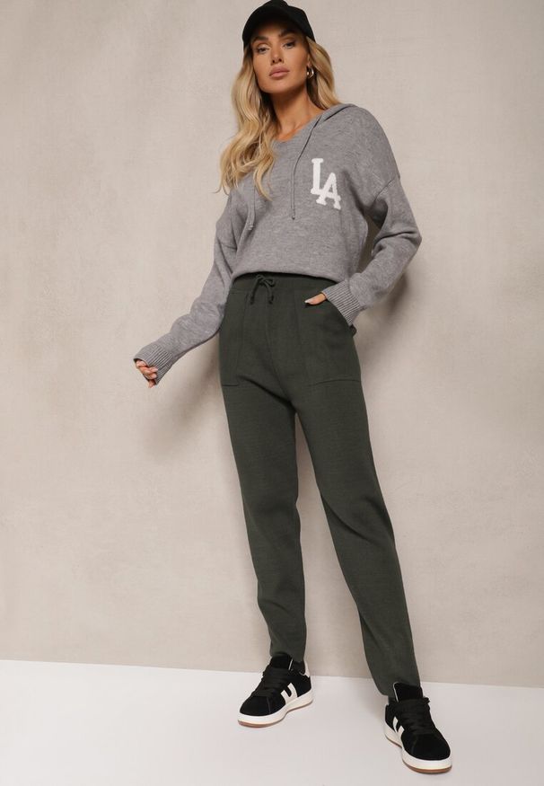 Renee - Ciemnozielone Spodnie z Bawełną High Waist Ozdobione Sznurkiem Venaline. Okazja: na co dzień. Stan: podwyższony. Kolor: zielony. Materiał: bawełna. Wzór: aplikacja. Styl: klasyczny, casual