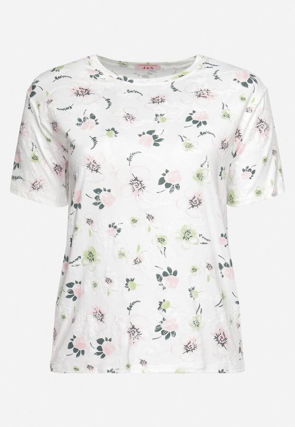 Born2be - Biały T-shirt Koszulka z Krótkim Rękawem w Kwiaty Nleessa. Okazja: na co dzień. Kolekcja: plus size. Kolor: biały. Materiał: jeans. Długość rękawa: krótki rękaw. Długość: krótkie. Wzór: kwiaty. Styl: casual, elegancki