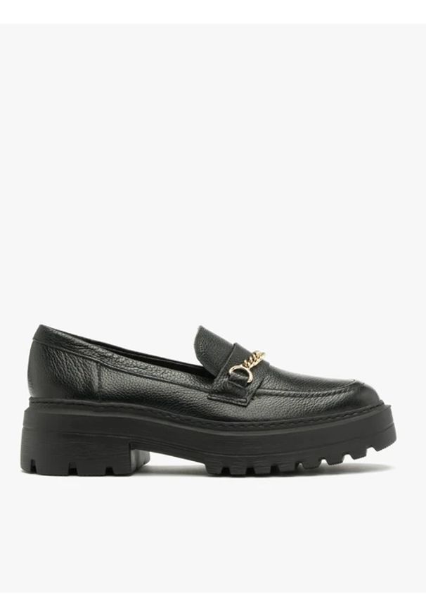 Ryłko - Czarne mokasyny ze złotym łańcuszkiem. Nosek buta: okrągły. Kolor: czarny. Materiał: skóra. Styl: street