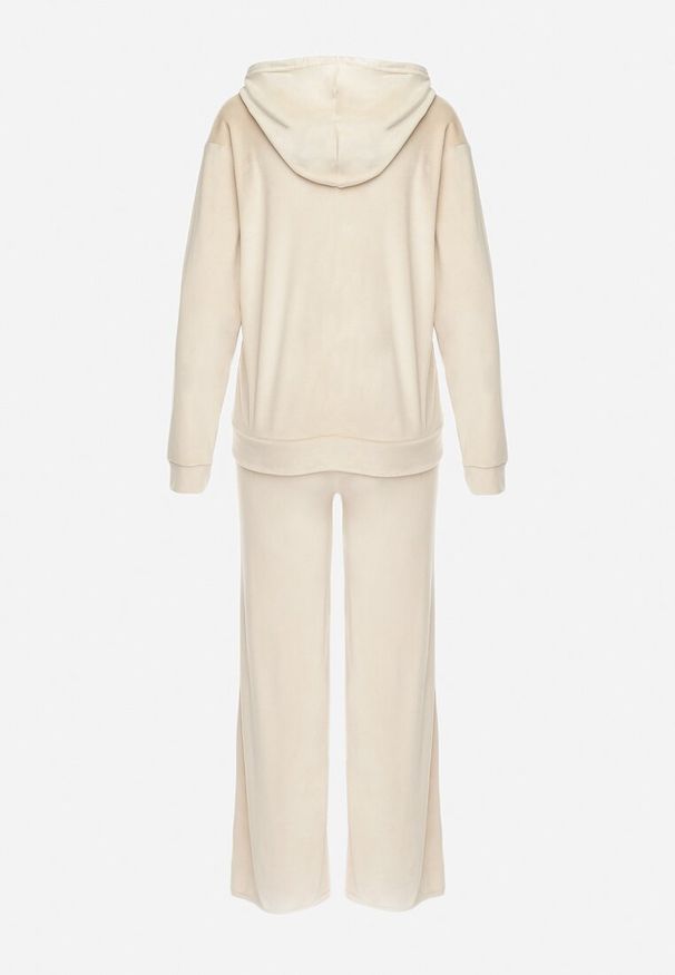 Born2be - Jasnobeżowy Welurowy Komplet Dresowy Bluza z Kapturem i Szerokie Spodnie Atiferi. Kolor: beżowy. Materiał: dresówka, welur
