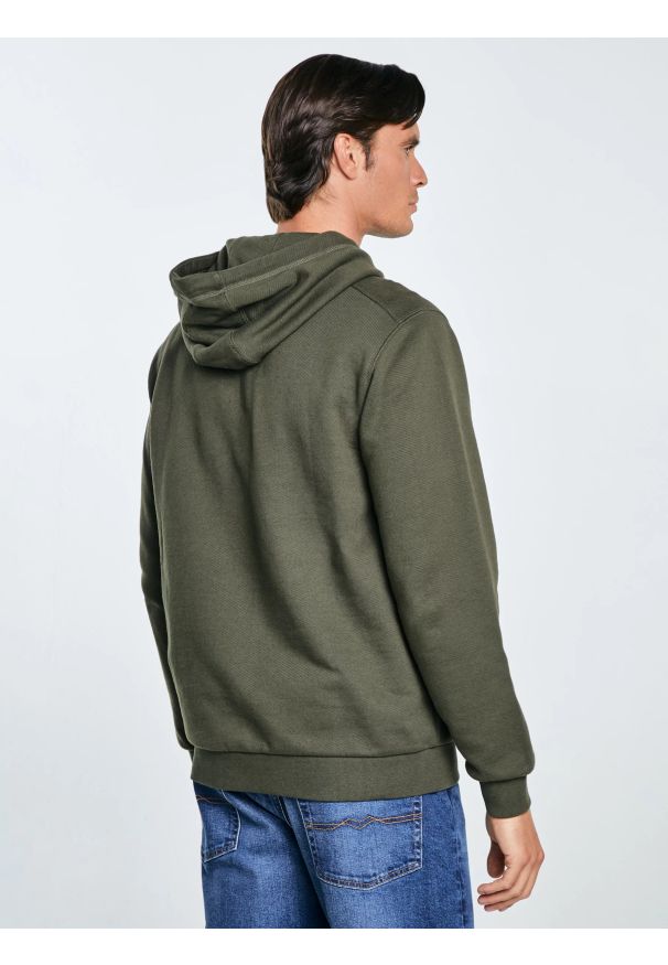 Big-Star - Bluza męska rozpinana z kapturem khaki Jagmur 303. Okazja: na co dzień. Typ kołnierza: kaptur. Kolor: zielony. Materiał: dzianina. Wzór: ze splotem. Styl: elegancki, sportowy, casual, klasyczny