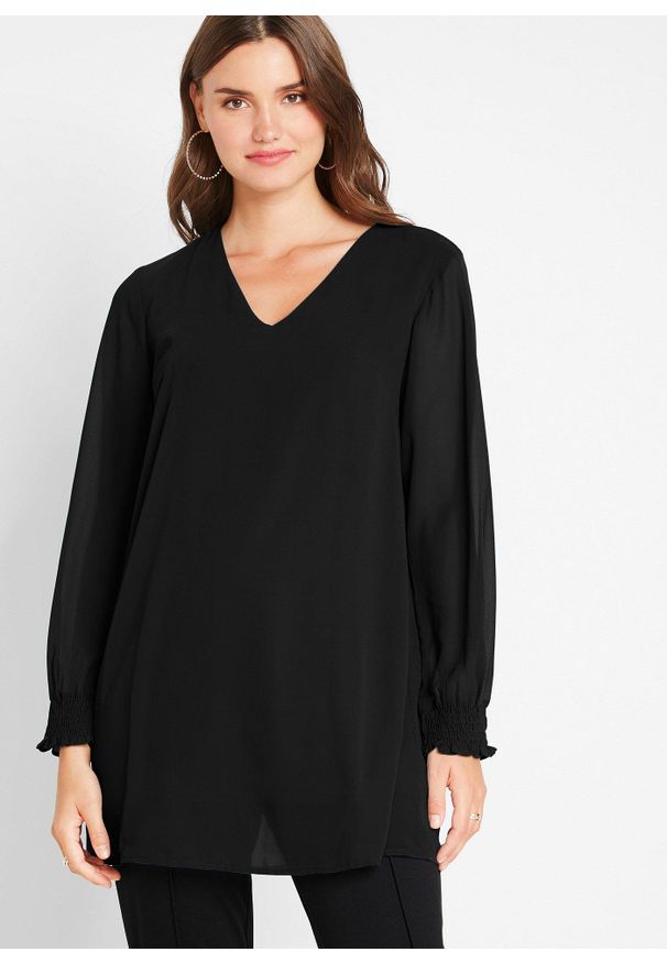 bonprix - Długa bluzka w stylu tuniki. Kolor: czarny. Długość rękawa: długi rękaw. Długość: długie. Styl: elegancki