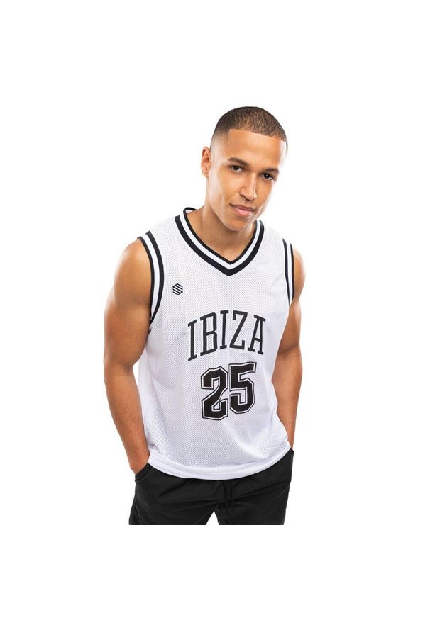 SIROKO - Męska koszulka koszykarska Lifestyle Siroko IBZ Pedrera White. Typ kołnierza: dekolt w kształcie V. Kolor: biały. Materiał: tkanina, prążkowany. Długość rękawa: bez rękawów. Sport: koszykówka
