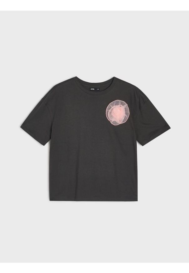 Sinsay - Bawełniana koszulka z tiulową aplikacją - szary. Kolor: szary. Materiał: tiul, bawełna. Wzór: aplikacja