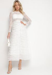Born2be - Biała Maxi Sukienka Rozkloszowana z Koronkową Górą i Tiulowymi Falbankami Firina. Typ kołnierza: kołnierz z falbankami. Kolor: biały. Materiał: tiul, koronka. Długość: maxi #5