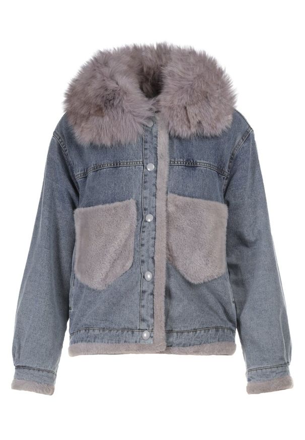 Born2be - Niebieska Kurtka Daeigina. Okazja: na co dzień. Kolor: niebieski. Materiał: materiał, jeans, futro. Długość rękawa: długi rękaw. Długość: długie. Styl: casual