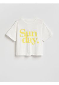 Reserved - Luźny t-shirt z nadrukiem - złamana biel. Materiał: bawełna. Wzór: nadruk