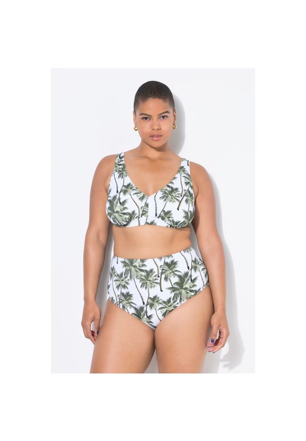 ULLA POPKEN - Damski Top od bikini miękkie miseczki nadruk z palmami. Kolekcja: plus size. Kolor: biały. Materiał: poliester, elastan, poliamid, materiał. Wzór: nadruk