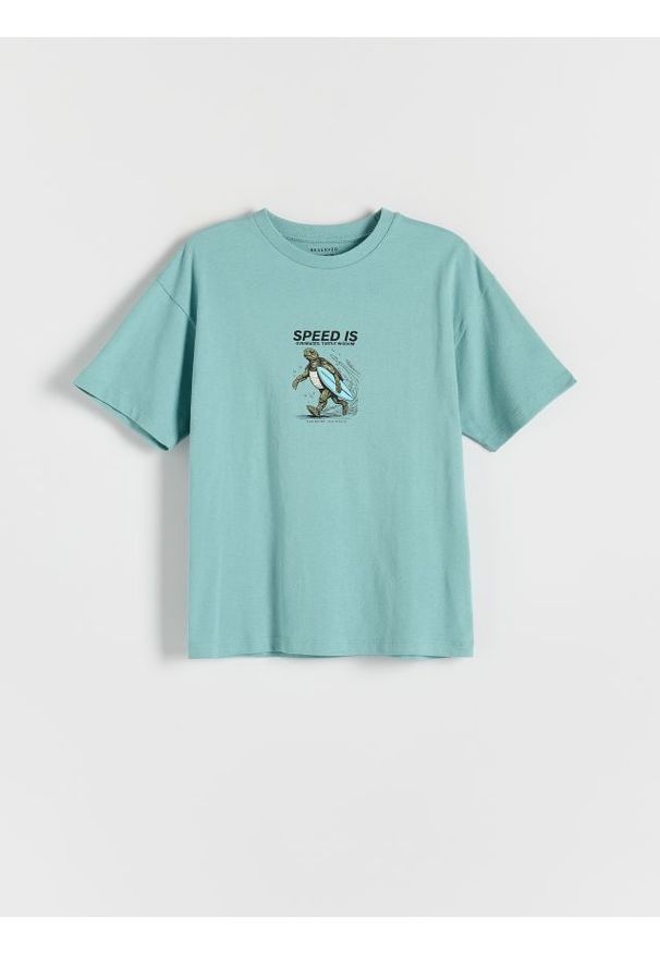 Reserved - T-shirt oversize z nadrukiem - miętowy. Kolor: miętowy. Materiał: bawełna, dzianina. Wzór: nadruk