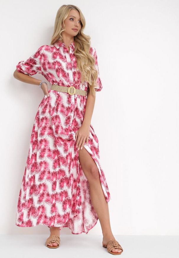Born2be - Fuksjowa Rozkloszowana Sukienka Maxi z Plecionym Paskiem i Wsuwanymi Kieszeniami Suttyn. Kolor: różowy. Długość rękawa: długi rękaw. Sezon: wiosna, lato. Długość: maxi