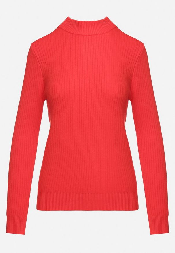 Born2be - Czerwony Sweter z Wiskozą i Golfem z Elastycznego Prążkowanego Materiału Nikiella. Okazja: na co dzień. Typ kołnierza: golf. Kolor: czerwony. Materiał: materiał, wiskoza, prążkowany. Styl: klasyczny, elegancki, casual