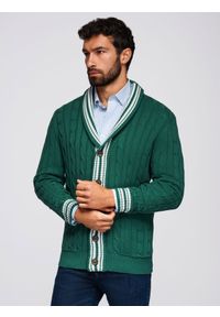 Ombre Clothing - Męski sweter kardigan z szalowym kołnierzem w stylu preppy - zielony V2 - Rozmiar: XXL. Kolor: zielony. Materiał: bawełna, materiał, prążkowany. Wzór: ze splotem. Styl: klasyczny, elegancki