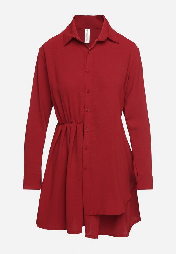 Born2be - Bordowa Asymetryczna Sukienka o Koszulowym Kroju z Gumką w Talii Elodina. Kolor: czerwony. Długość rękawa: długi rękaw. Typ sukienki: koszulowe, asymetryczne. Styl: sportowy, elegancki