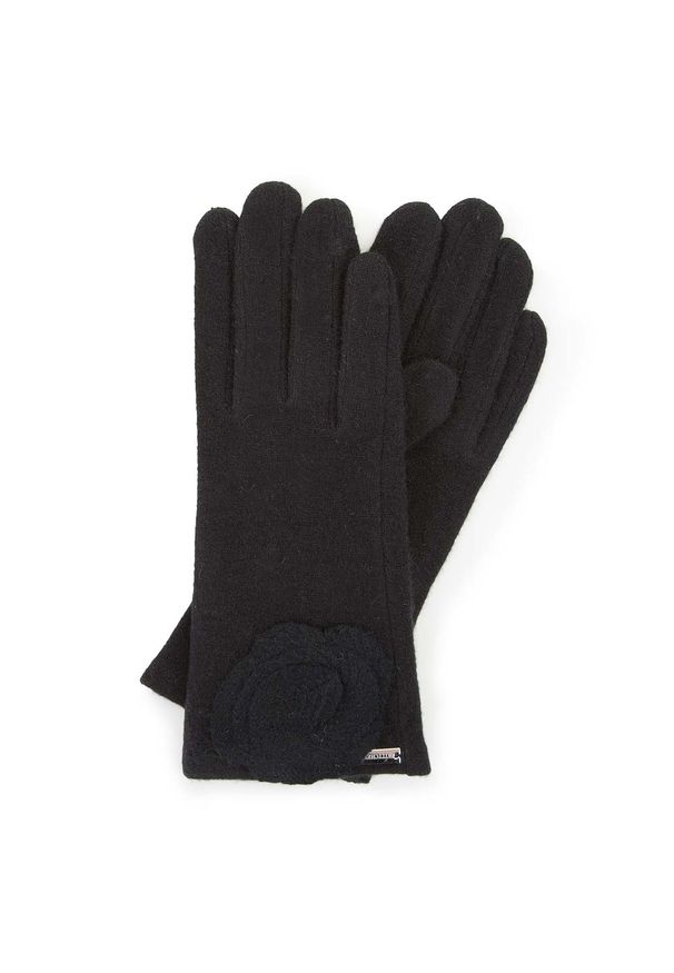 Wittchen - Damskie rękawiczki wełniane z rozetką. Kolor: czarny. Materiał: wełna. Wzór: aplikacja. Sezon: jesień, zima