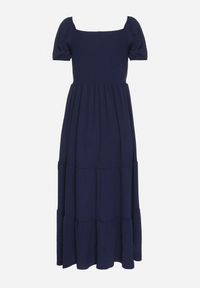 Born2be - Granatowa Rozkloszowana Sukienka z Dekoltem Typu Hiszpanka z Marszczeniem Lumorice. Okazja: na co dzień. Typ kołnierza: dekolt hiszpanka. Kolor: niebieski. Styl: casual, elegancki #5