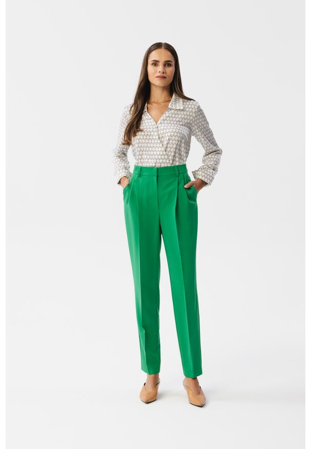 MOE - Zielone Elegankie Spodnie z Wysokim Stanem. Stan: podwyższony. Kolor: zielony. Materiał: poliester, elastan, wiskoza