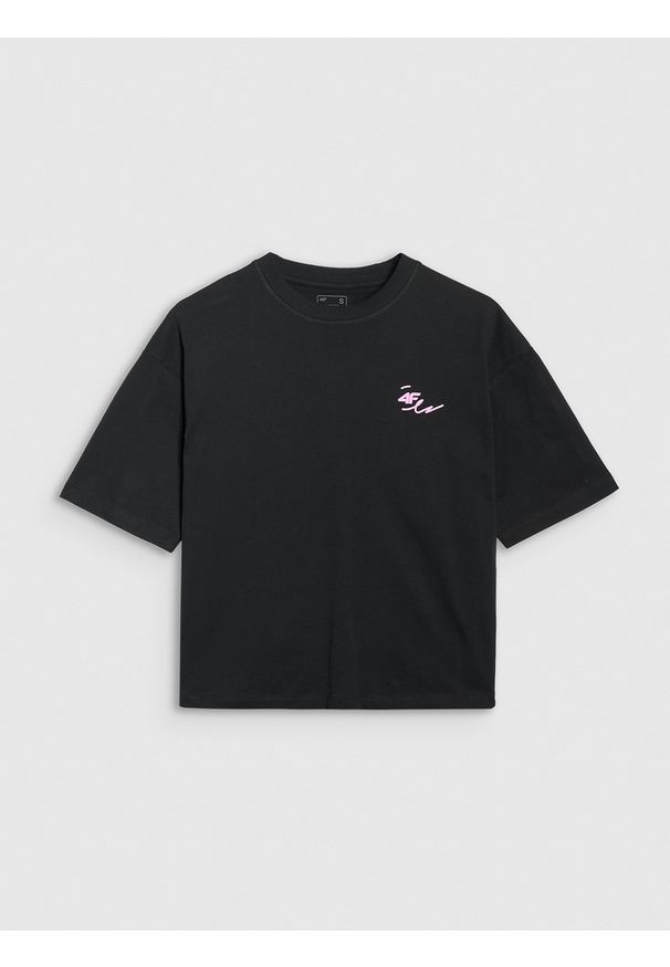 4f - 4F T-shirt oversize z nadrukiem damski - czarny XS. Okazja: na co dzień. Kolor: czarny. Materiał: materiał, bawełna, jersey, dzianina. Długość rękawa: krótki rękaw. Długość: krótkie. Wzór: nadruk. Styl: sportowy, klasyczny, casual