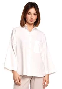 MOE - Oversizowa Koszula z Szerokim Rękawem 3/4 - Biała. Kolor: biały. Materiał: len, bawełna