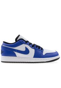 Buty męskie Nike Air Jordan 1 Low 553558-124 - niebiesko-białe. Kolor: biały, niebieski, wielokolorowy. Materiał: skóra, guma. Szerokość cholewki: normalna. Sport: fitness