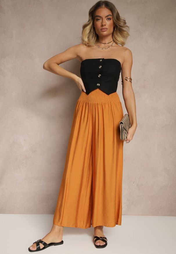 Renee - Pomarańczowe Spodnie z Wiskozą o Szerokim Kroju High Waist Orrana. Okazja: na co dzień. Stan: podwyższony. Kolor: pomarańczowy. Materiał: wiskoza. Styl: casual, elegancki