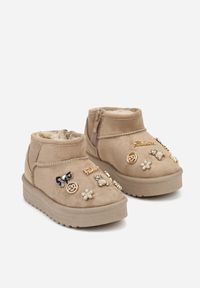 Born2be - Beżowe Śniegowce z Metalicznymi Aplikacjami 3D i Cyrkoniami Aheline. Okazja: na co dzień. Kolor: beżowy. Materiał: jeans. Wzór: aplikacja. Styl: casual #3
