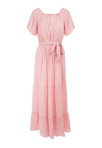 Born2be - Jasnoróżowa Sukienka z Wiskozy Telephanassa. Typ kołnierza: dekolt hiszpanka. Kolor: różowy. Materiał: wiskoza. Długość rękawa: krótki rękaw. Wzór: gładki. Typ sukienki: rozkloszowane. Długość: maxi #5