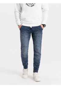 Ombre Clothing - Spodnie męskie marmurkowe JOGGERY z przeszyciami - niebieskie V1 - Rozmiar: XXL. Kolor: niebieski. Materiał: poliester, jeans, bawełna