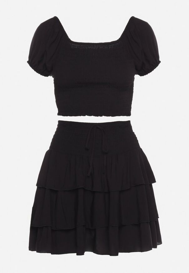 Born2be - Czarny Komplet Bawełniany Bluzka Hiszpanka i Spódnica z Falbankami Vexa. Kolor: czarny. Materiał: bawełna. Wzór: aplikacja