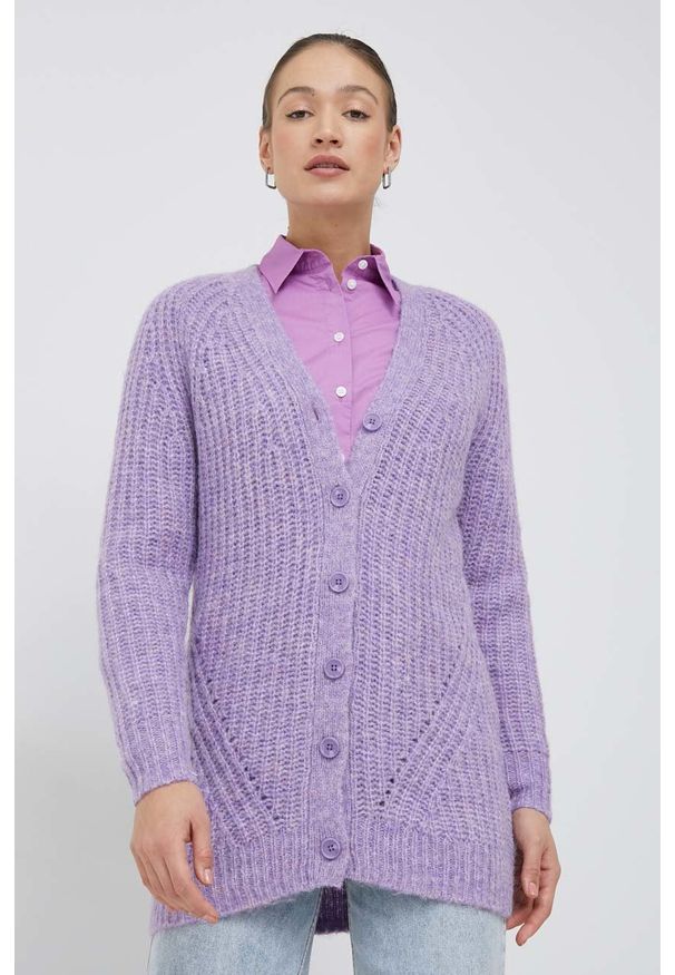 Vero Moda kardigan z domieszką wełny damski kolor fioletowy. Kolor: fioletowy. Materiał: wełna. Długość rękawa: raglanowy rękaw. Wzór: ze splotem