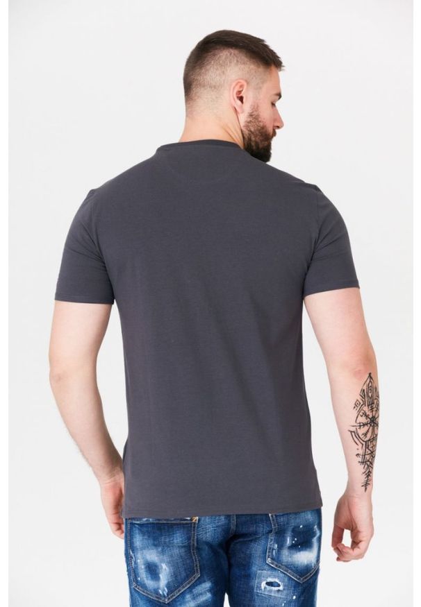 Guess - GUESS Grafitowy t-shirt męski z logo z palmą. Kolor: szary. Wzór: nadruk