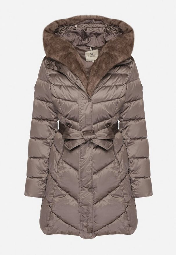 Born2be - Szara Pikowana Kurtka z Wiązanym Paskiem i Kapturem z Futerkiem Fenama. Okazja: na spacer, na co dzień. Kolor: szary. Materiał: futro. Styl: casual, elegancki