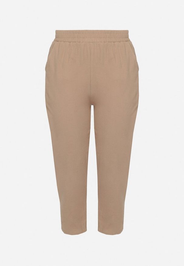 Born2be - Ciemnobeżowe Klasyczne Spodnie Bawełniane z Gumką w Pasie Olozi. Okazja: na co dzień. Kolekcja: plus size. Kolor: beżowy. Materiał: bawełna. Styl: klasyczny