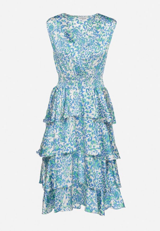 Born2be - Niebieska Sukienka z Kopertowym Dekoltem i Gumką w Pasie z Falbankami Dimolia. Okazja: na co dzień. Typ kołnierza: kołnierz z falbankami. Kolor: niebieski. Materiał: tkanina, skóra. Sezon: lato. Typ sukienki: kopertowe. Styl: klasyczny, casual, elegancki