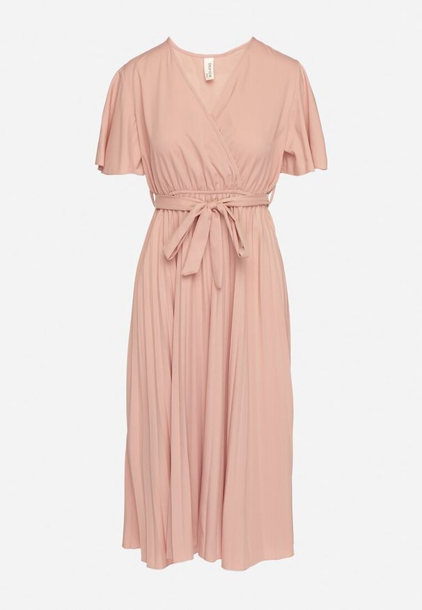 Born2be - Różowa Sukienka Plisowana z Dekoltem w V z Paskiem w Talii Zolseki. Okazja: na co dzień. Kolor: różowy. Styl: casual, klasyczny