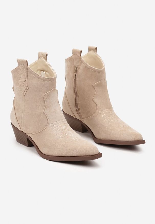Renee - Beżowe Botki na Słupku w Stylu Kowbojek Zapinane na Suwak Evirene. Okazja: na co dzień. Kolor: beżowy. Materiał: jeans, skóra. Obcas: na słupku. Styl: casual, boho, elegancki. Wysokość obcasa: średni