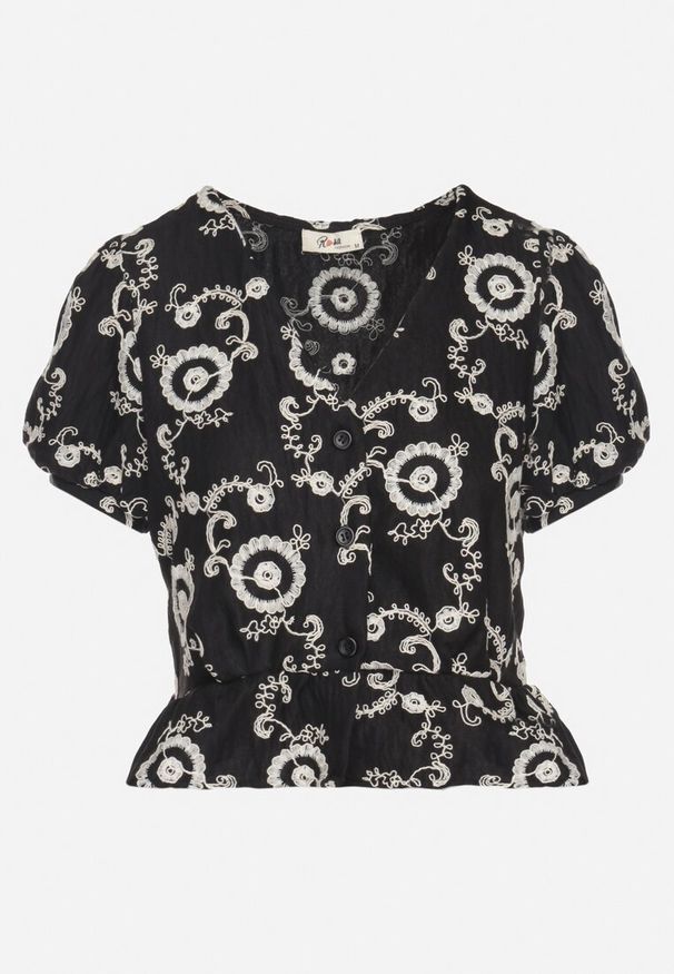 Born2be - Czarna Bawełniana Bluzka z Ozdobnym Haftem Selselina. Okazja: na co dzień. Kolor: czarny. Materiał: bawełna. Wzór: haft. Styl: elegancki, casual