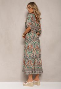Renee - Zielono-Brązowa Wiskozowa Sukienka Maxi z Gumką w Pasie Ozdobiona Wzorem Paisley Larite. Kolor: zielony. Materiał: wiskoza. Wzór: paisley, aplikacja. Długość: maxi #4
